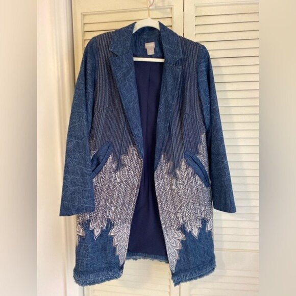 Chico's Embellished Long Denim Jacket Leaf Applique Size 0 (4-6) 100% Cotton - Picture 3 of 8
